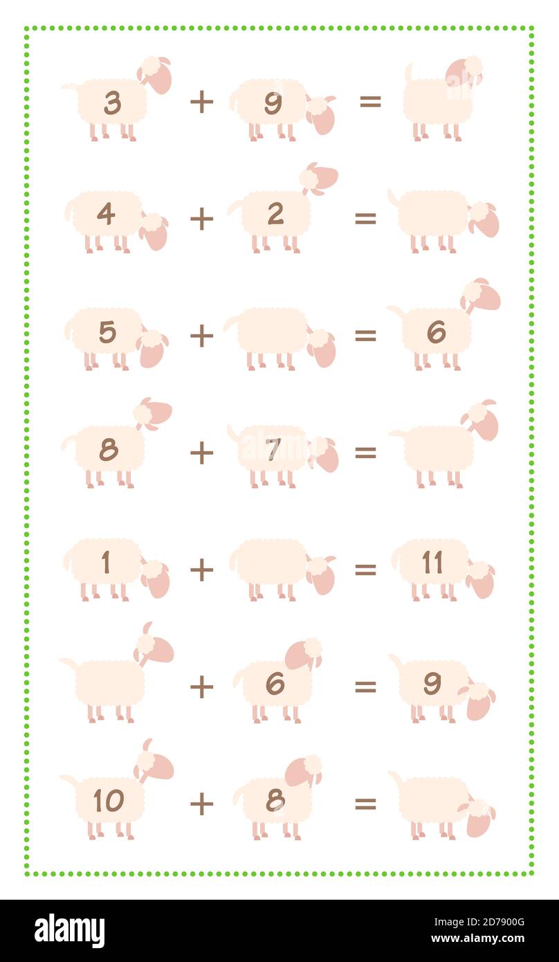 Addition game sheet, simple math fun with comic sheep - illustration on white background. Stock Photo