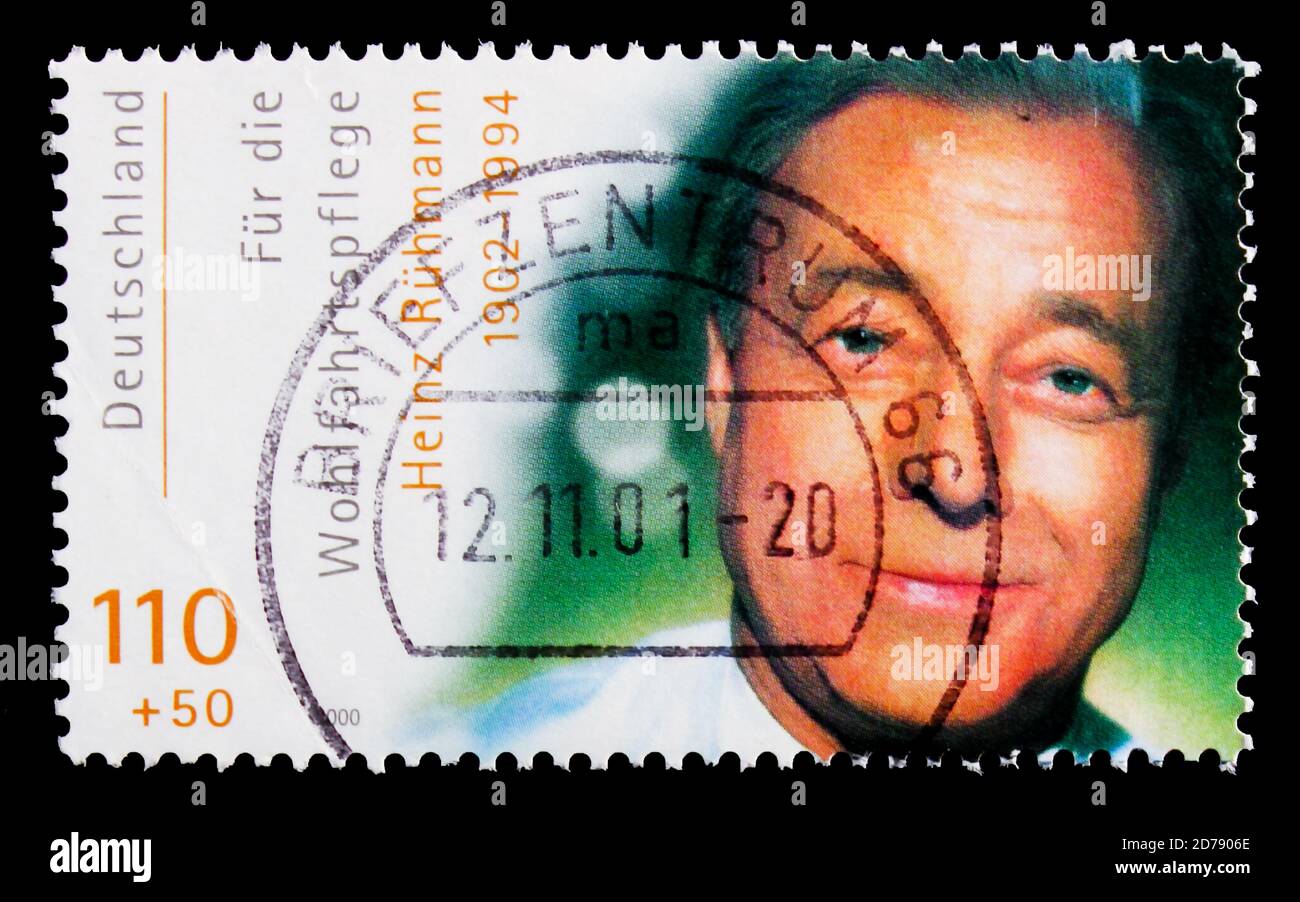 MOSCOW, RUSSIA - OCTOBER 21, 2017: A stamp printed in German Federal Republic shows Heinz Ruhmann, Welfare: International Movie Actors serie, circa 20 Stock Photo