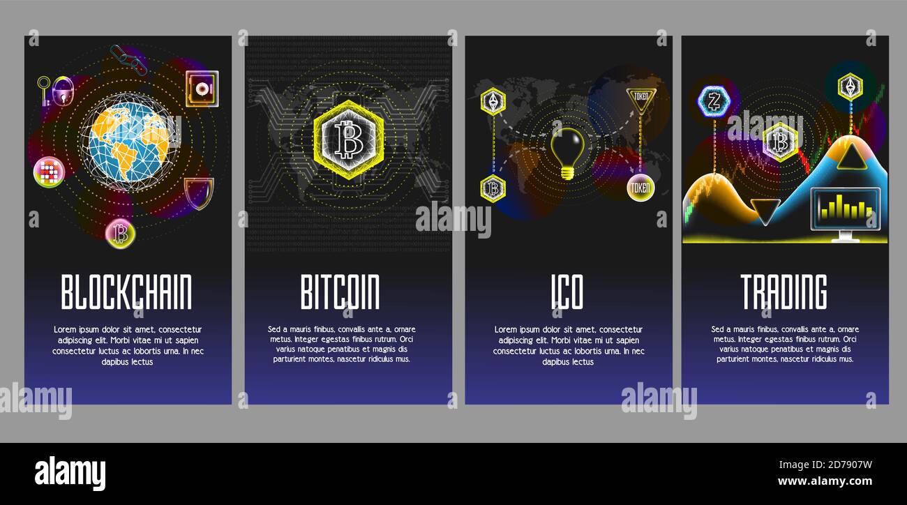 Blockchain, Bitcoin, Ico and Trading vector poster, banner set Stock Vector  Image & Art - Alamy