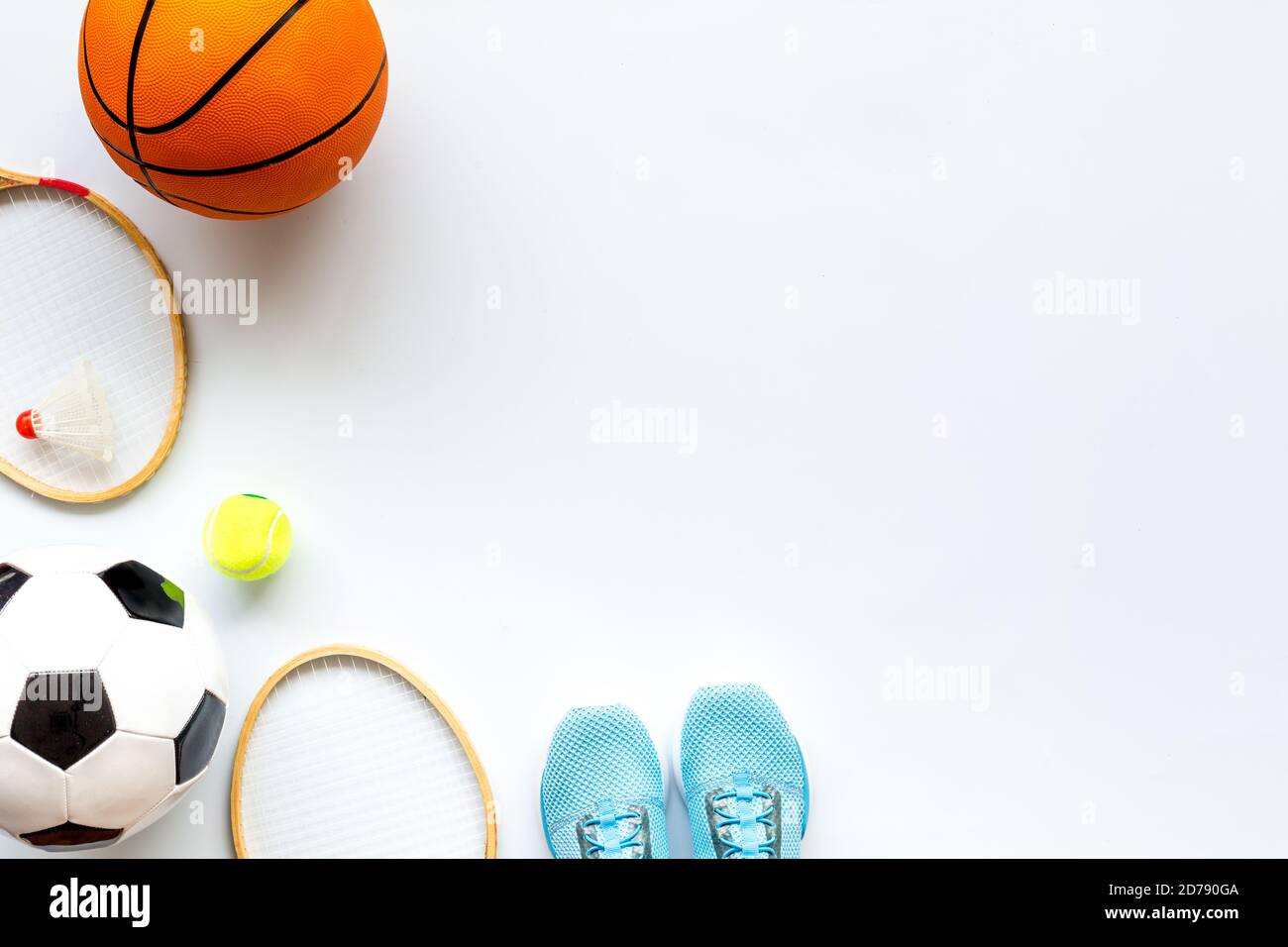 Set of sport games balls on white baclground top view copy space Stock