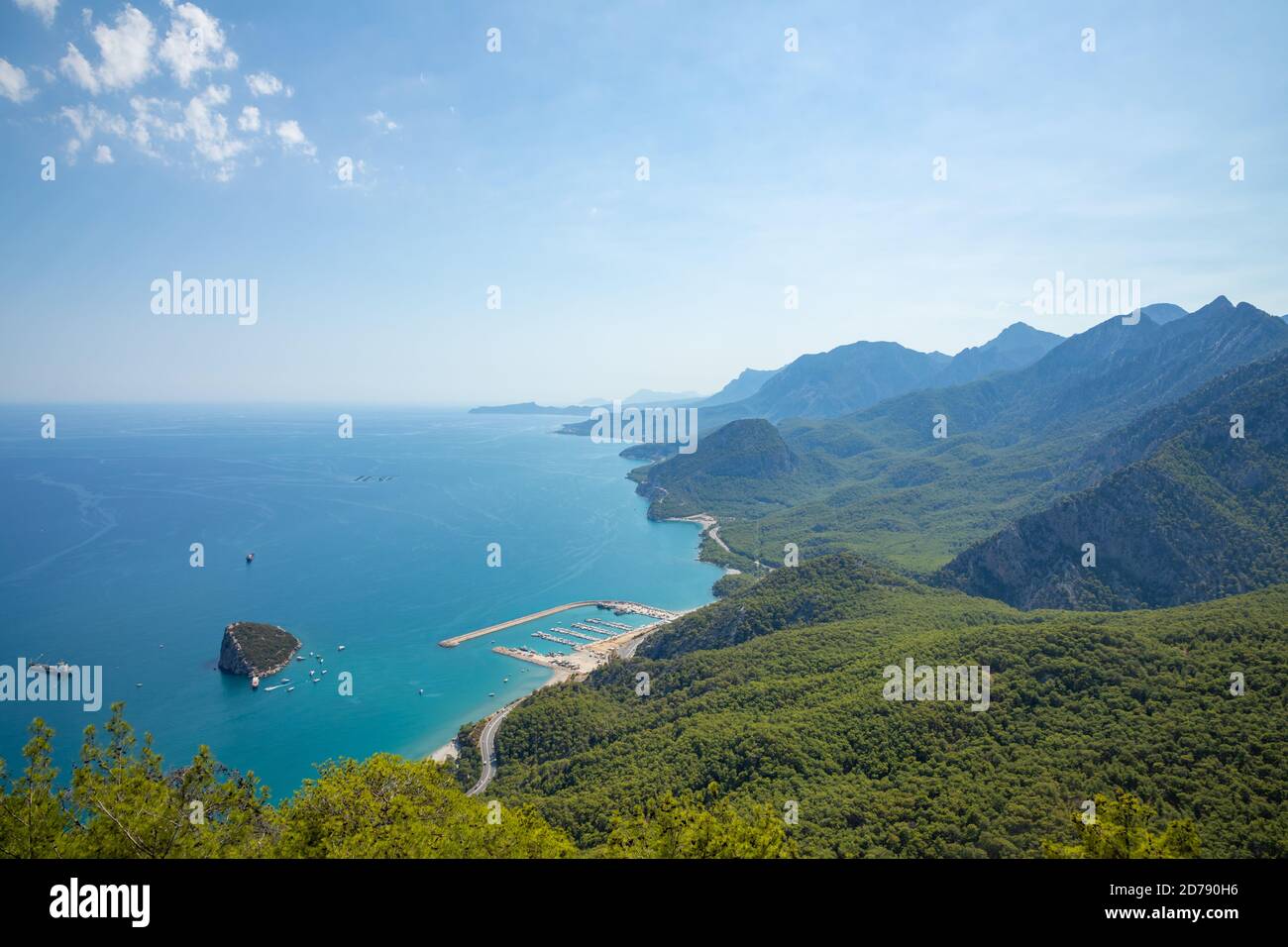 View from top on mountains along sea coast near Antalya, View from Tunektepe Cable car, Turkey Stock Photo