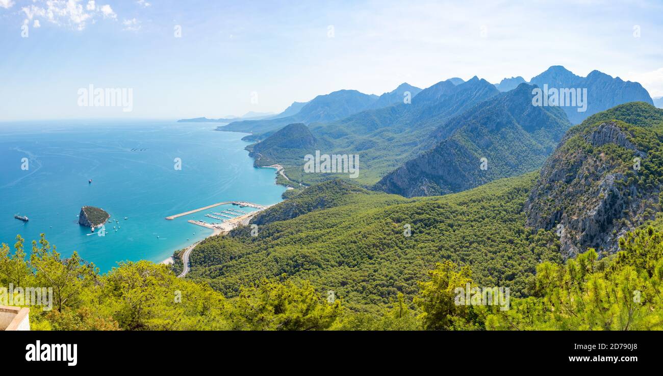 View from top on mountains along sea coast near Antalya, View from Tunektepe Cable car, Turkey Stock Photo