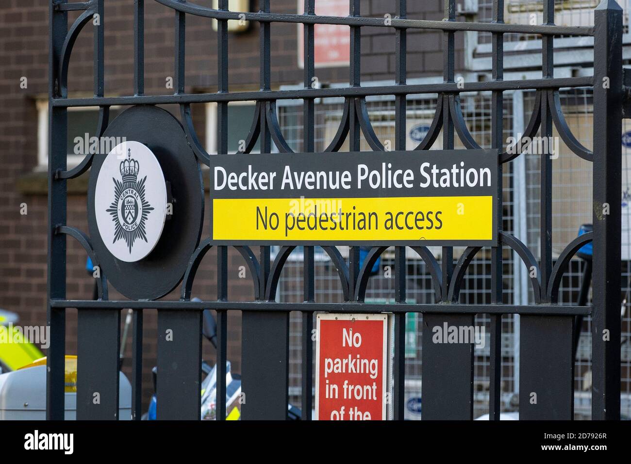 A prop sign for the fictional Decker Avenue Police Station on the set