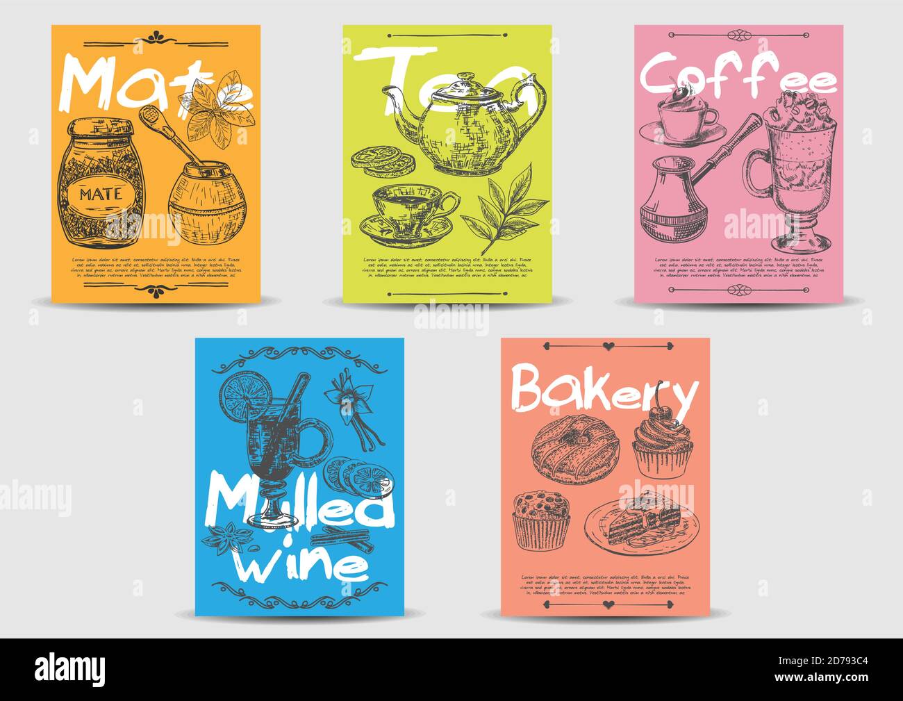 Hot drink card template set. Vector hand drawn Stock Vector