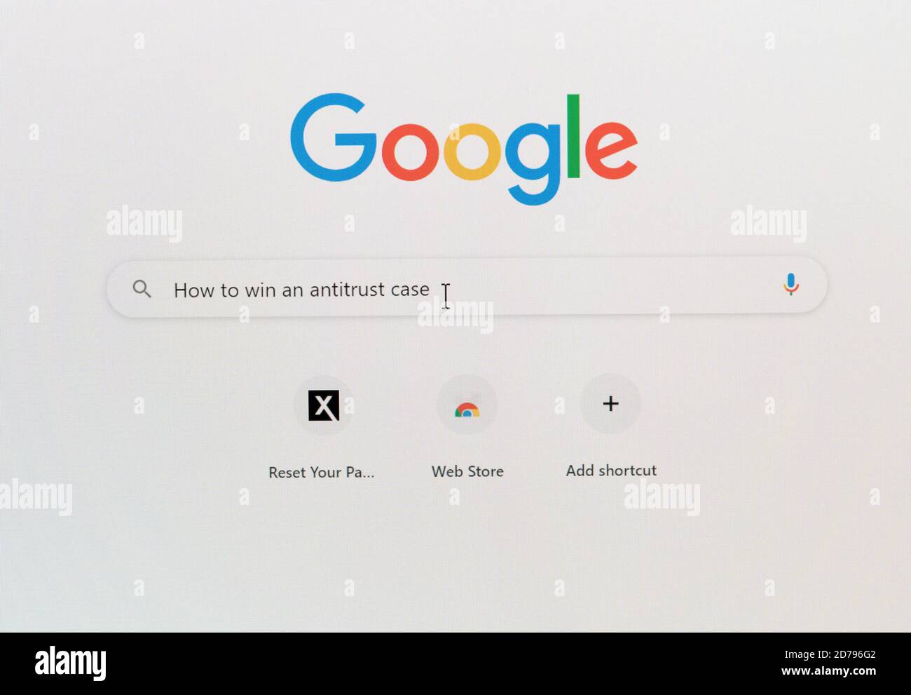 Morgantown, WV - 21 October 2020: Close up of computer screen with question on How to win an anti-trust case in Google search box Stock Photo