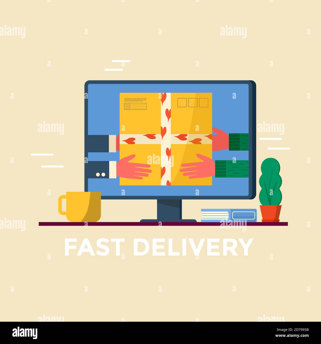 Courier holding in hand parcel ready for fast delivery to the recipient on computer screen. Online delivery service concept. Vector illustration for w Stock Vector