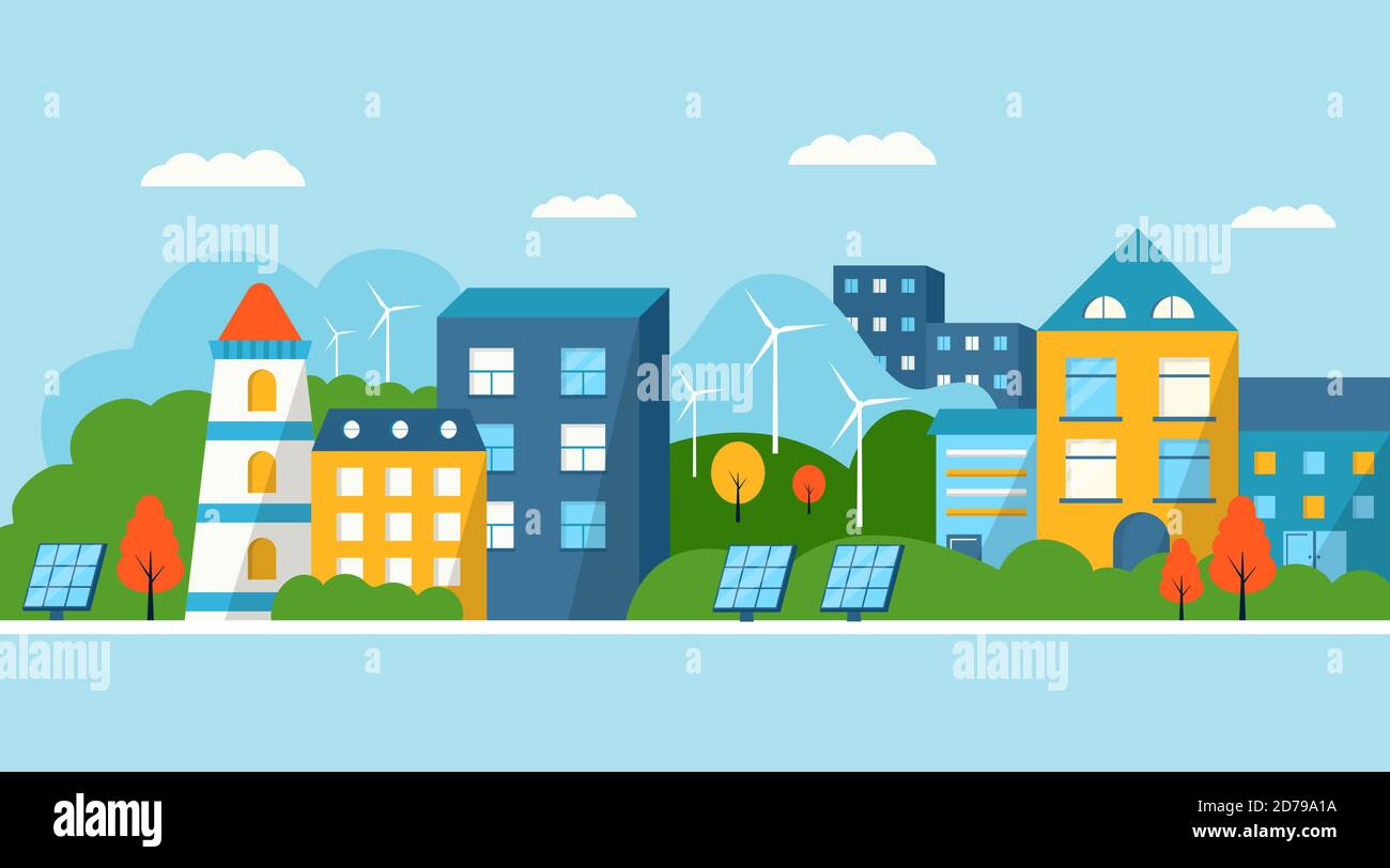 Green modern house with solar panels and wind turbine. Eco friendly alternative energy. Ecosystem city landscape. Flat vector illustration. Stock Vector