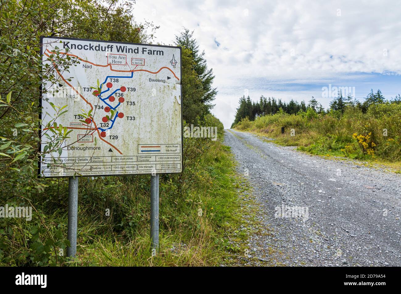 Sign at the entrance to Knockduff windfarm near Bweeng, County Cork, Ireland Stock Photo