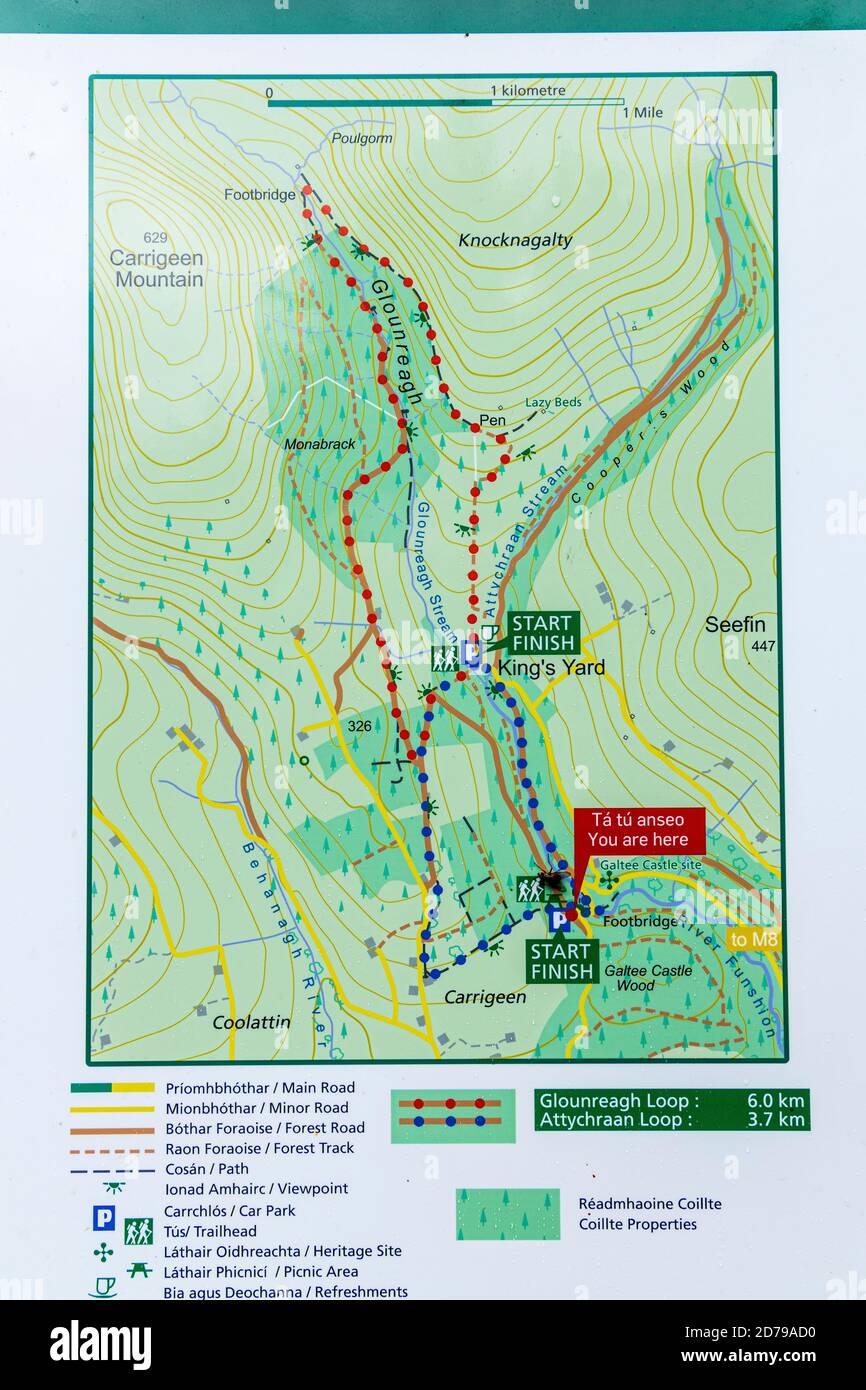 Visitor information board and map of walking routes and trails in the Galtee mountains, County Limerick, Ireland Stock Photo