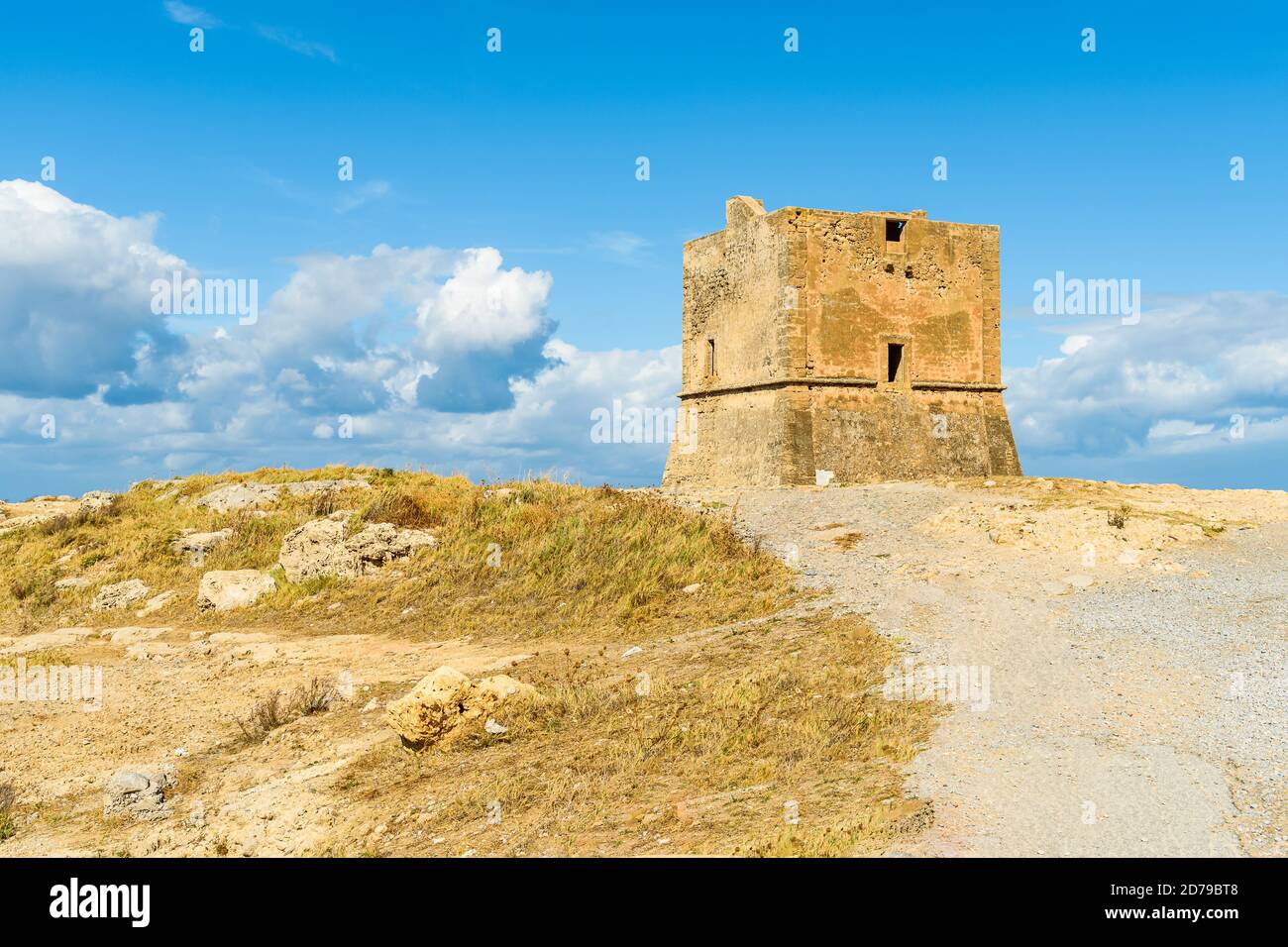 View of Ancient Tower Mulinazzo, located inside the Falcone e Borsellino Airport of Punta Raisi in the province of Palermo, Cinisi, Italy Stock Photo