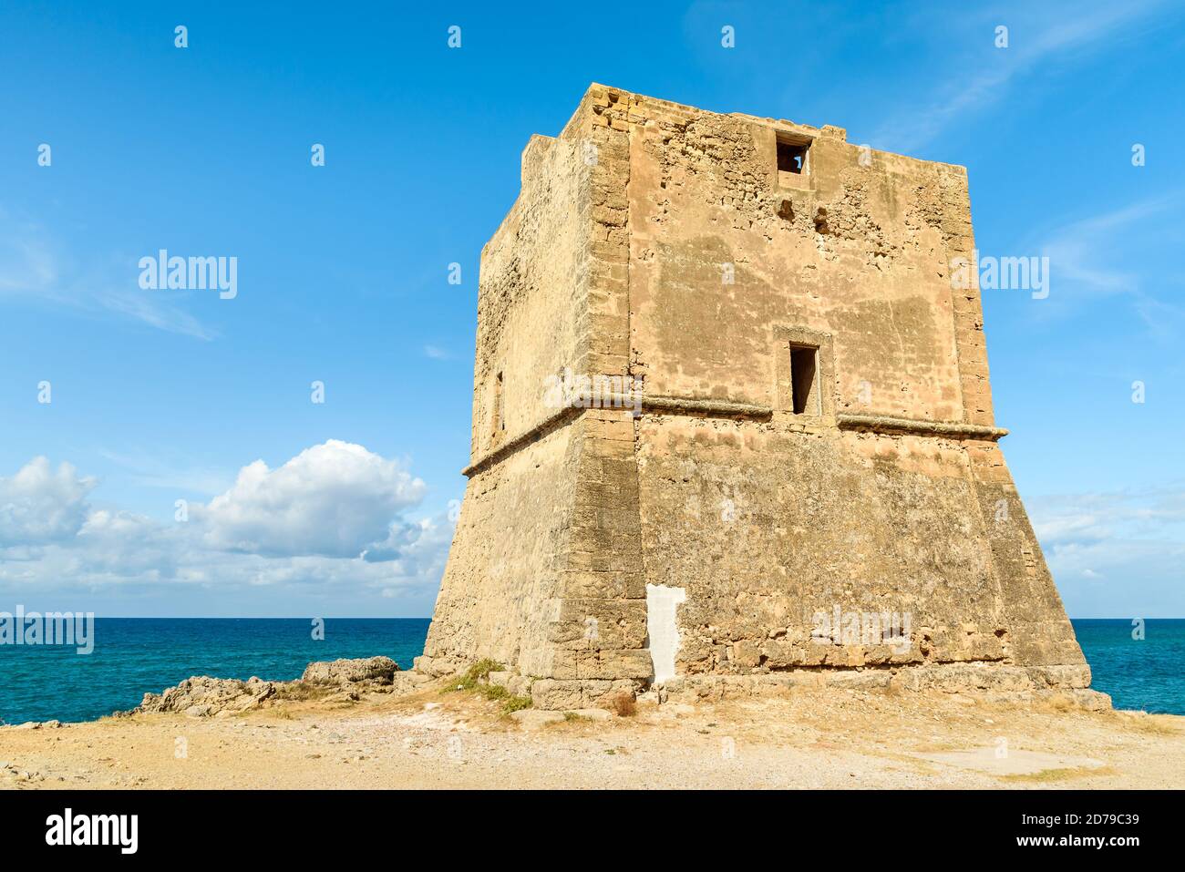 View of Ancient Tower Mulinazzo, located inside the Falcone e Borsellino Airport of Punta Raisi in the province of Palermo, Cinisi, Italy Stock Photo