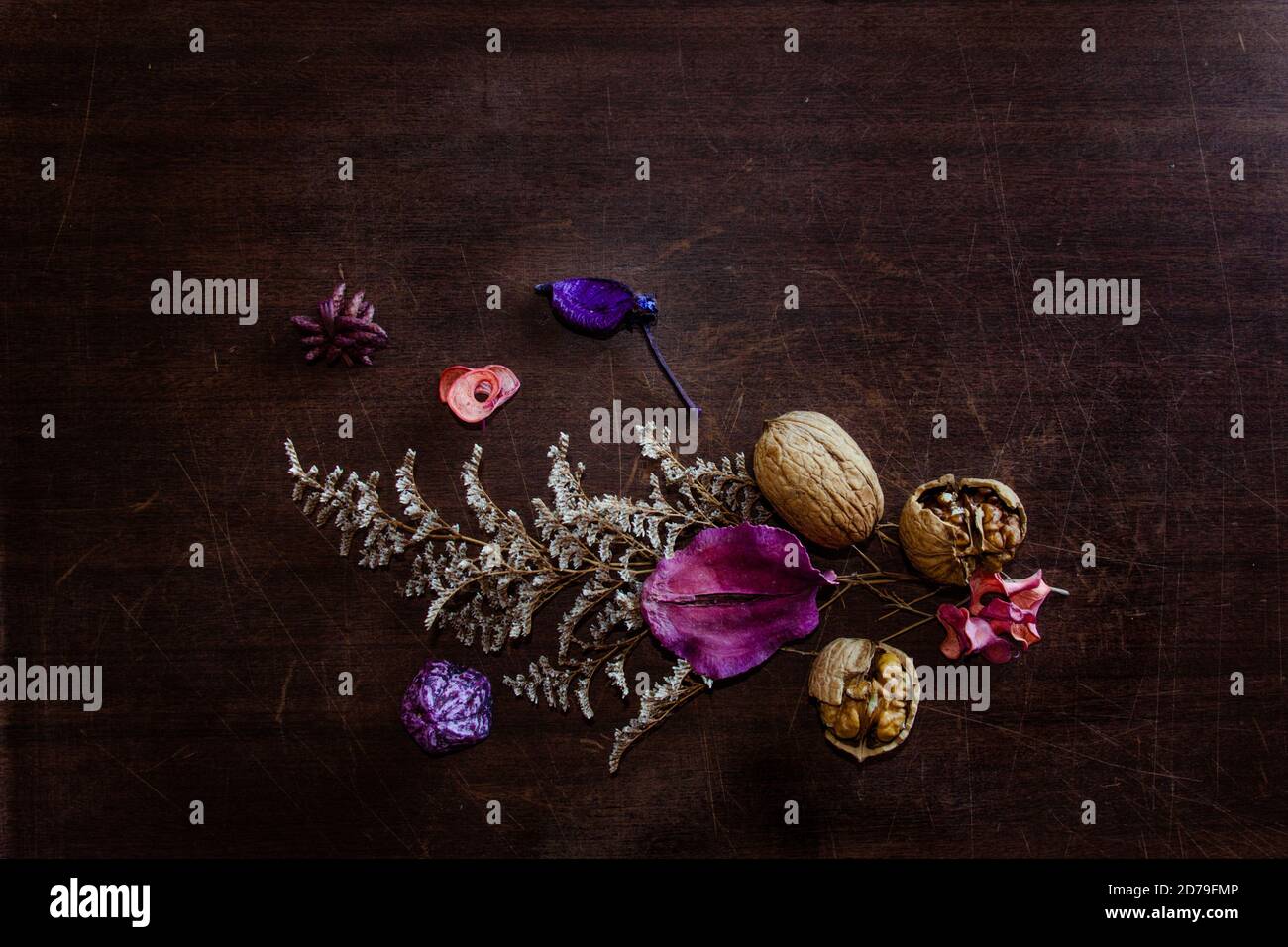 fall beautiful and vibrant colors with foliage purple dried leaves and cracked walnuts on a dark background flat lay Stock Photo
