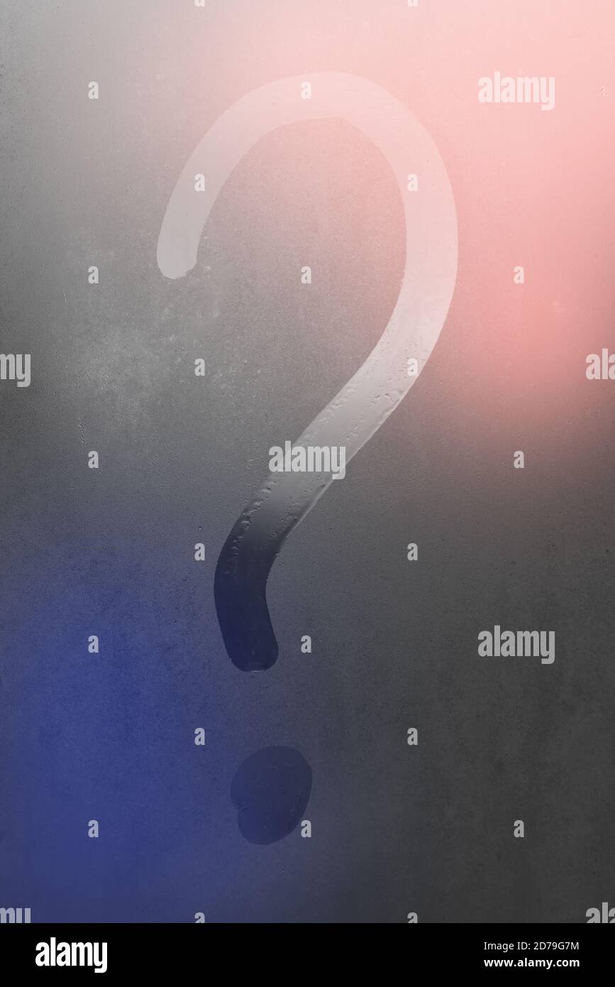 Inscription question mark on the sweaty glass. question mark drawn on a ...