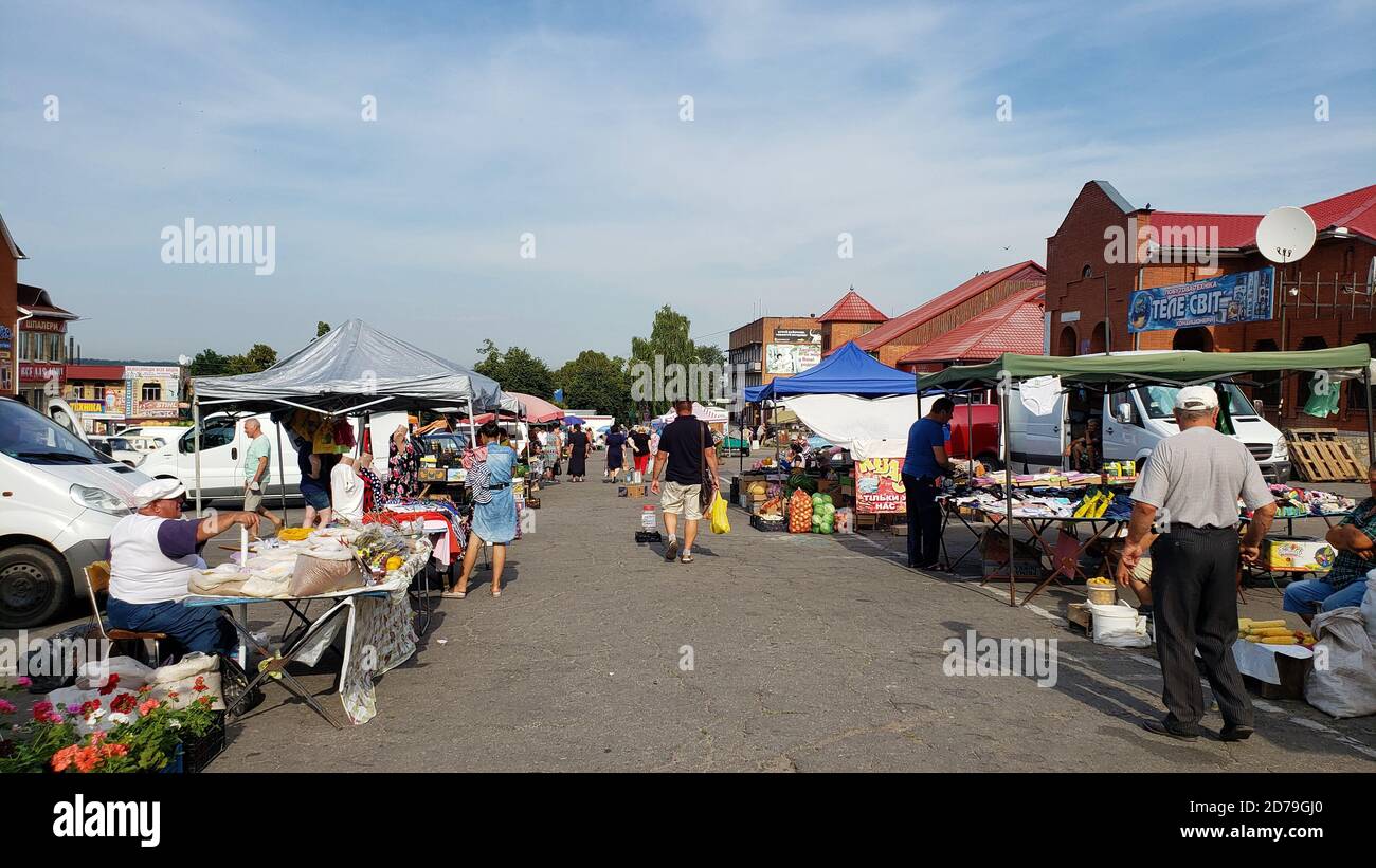 Street market in tents in the open air. Stock Photo