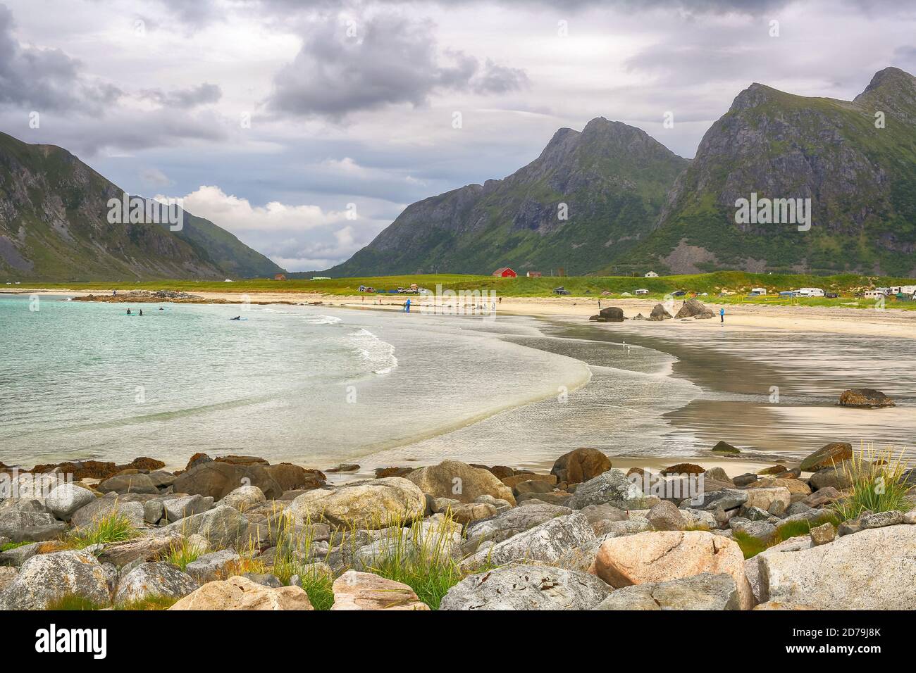 Flakstad beach located on the Norwegian Lofoten islands is popular ...