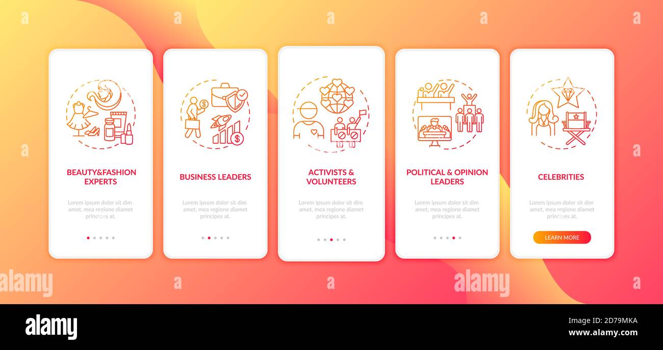 Influencers types onboarding mobile app page screen with concepts Stock Vector