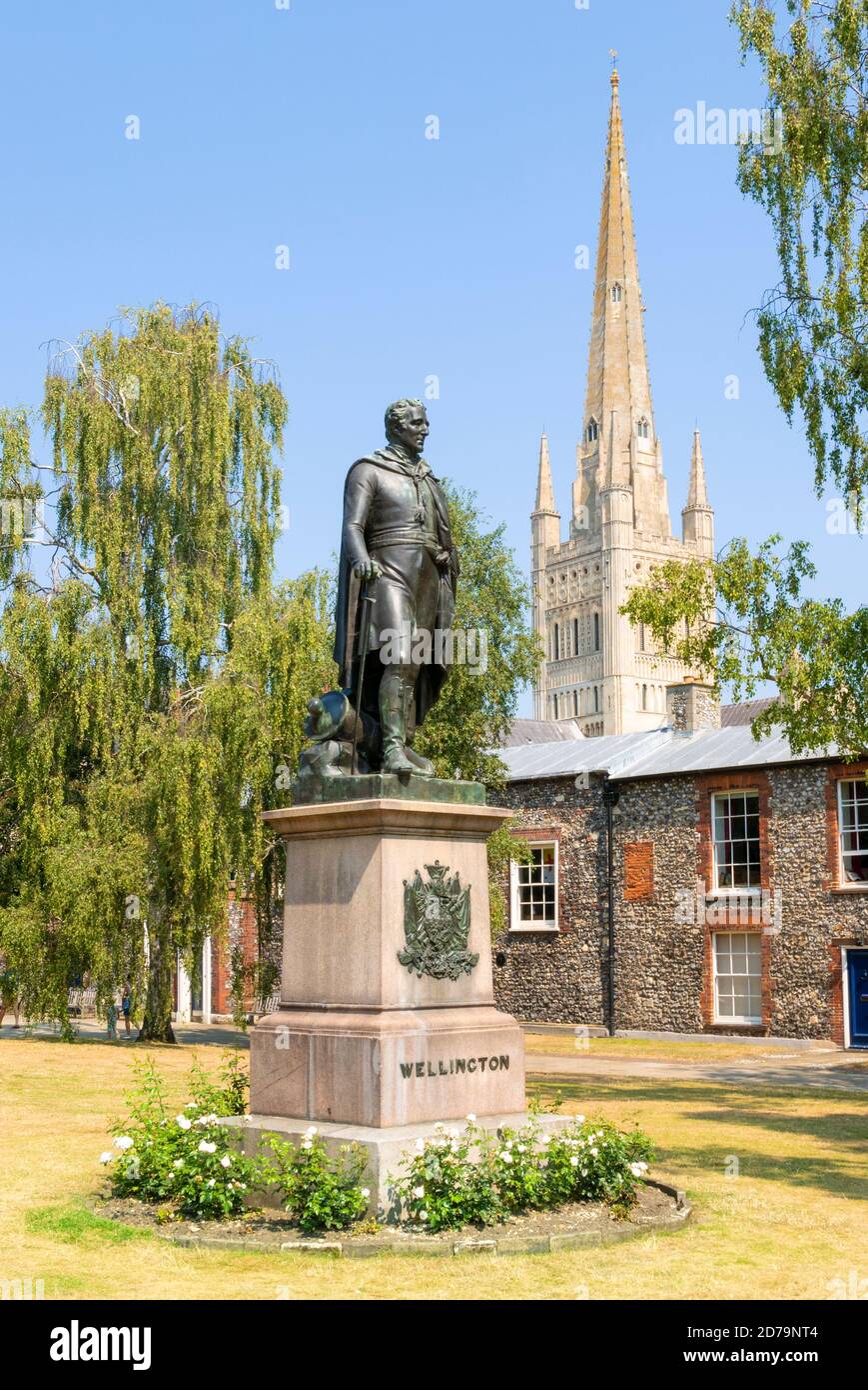 Statue of the Duke of Wellington Arthur Wellesley by George Gammon Adams (1854) in Cathedral Close Norwich Cathedral Norfolk East Anglia England UK GB Stock Photo