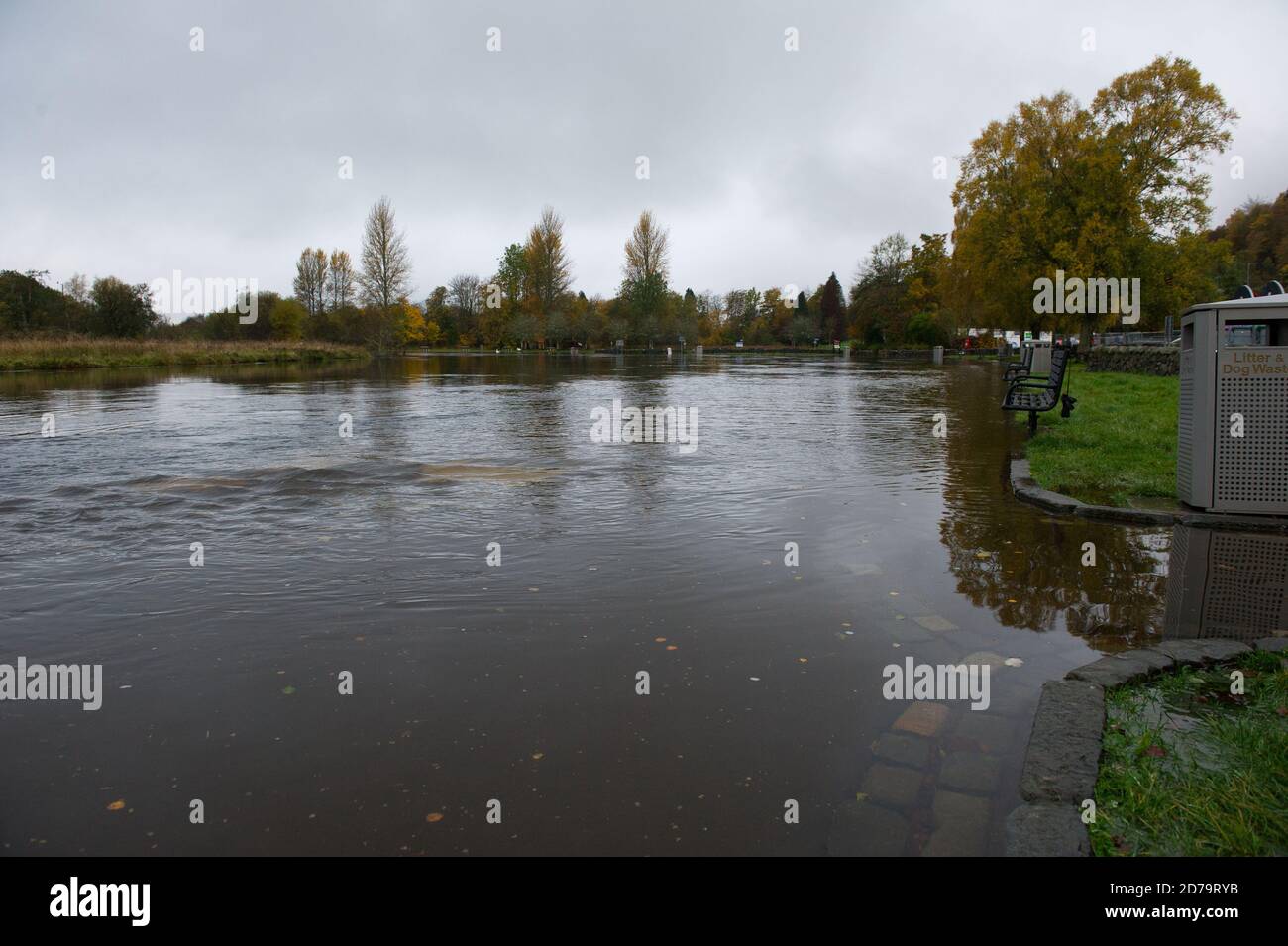 Callander, Scotland, UK. 21 October 2020. Pictured: A fast flowing and flooded River Teith which flows through the picturesque town of Callander in central Scotland. Credit: Colin Fisher/Alamy Live News. Stock Photo