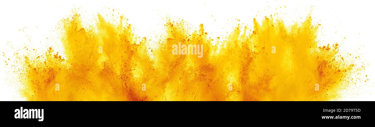 bright yellow holi paint color powder festival explosion isolated on white background. industrial print concept background Stock Photo