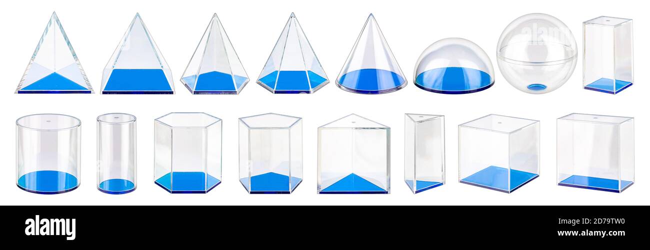 set collection row of various three dimensional acrylic glass solid volumes in various geometrical shapes. Education study physics math geometric conc Stock Photo