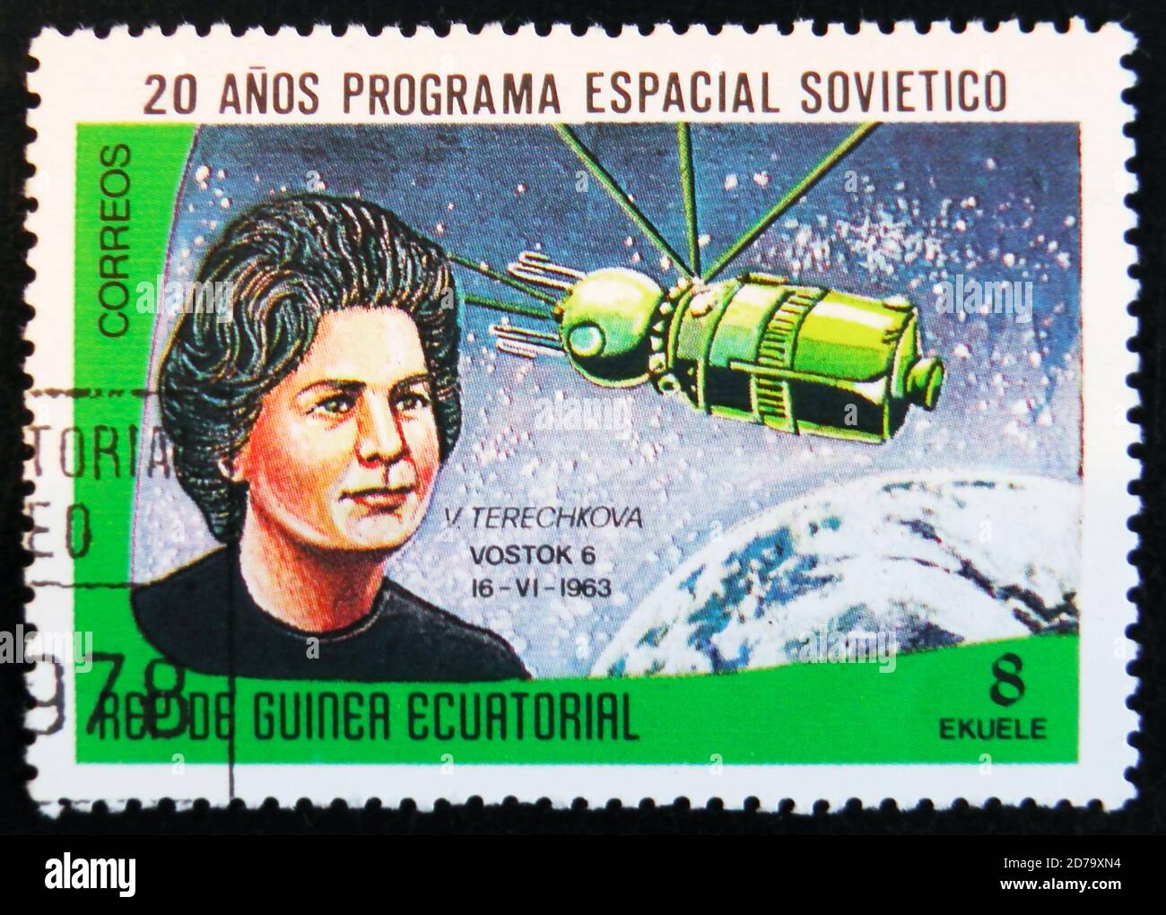 MOSCOW, RUSSIA - APRIL 2, 2017: A stamp printed in Guinea Equatorial shows Vostok 6 spaceship, 1962, and portrait of astronaut V. Tereshkova, circa 19 Stock Photo