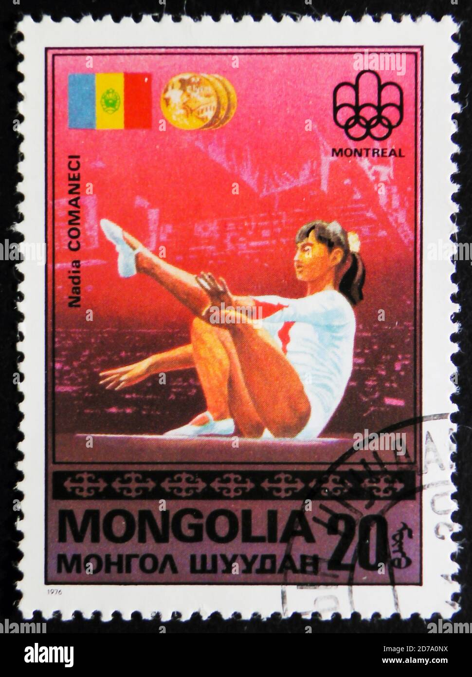 MOSCOW, RUSSIA - APRIL 2, 2017: A post stamp printed in Mongolia, shows Nadia Comaneci, from series "Olympic Games, Montreal - Gold Medal Winners", ci Stock Photo