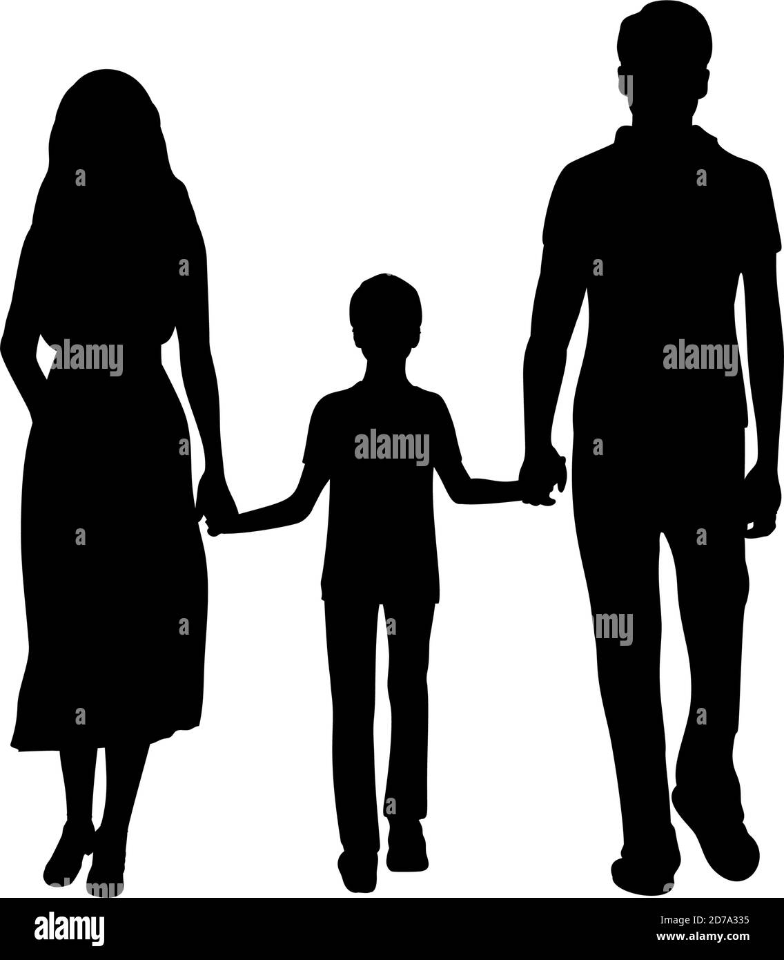 Silhouettes father mother and son from back walking forward holding hands Stock Vector
