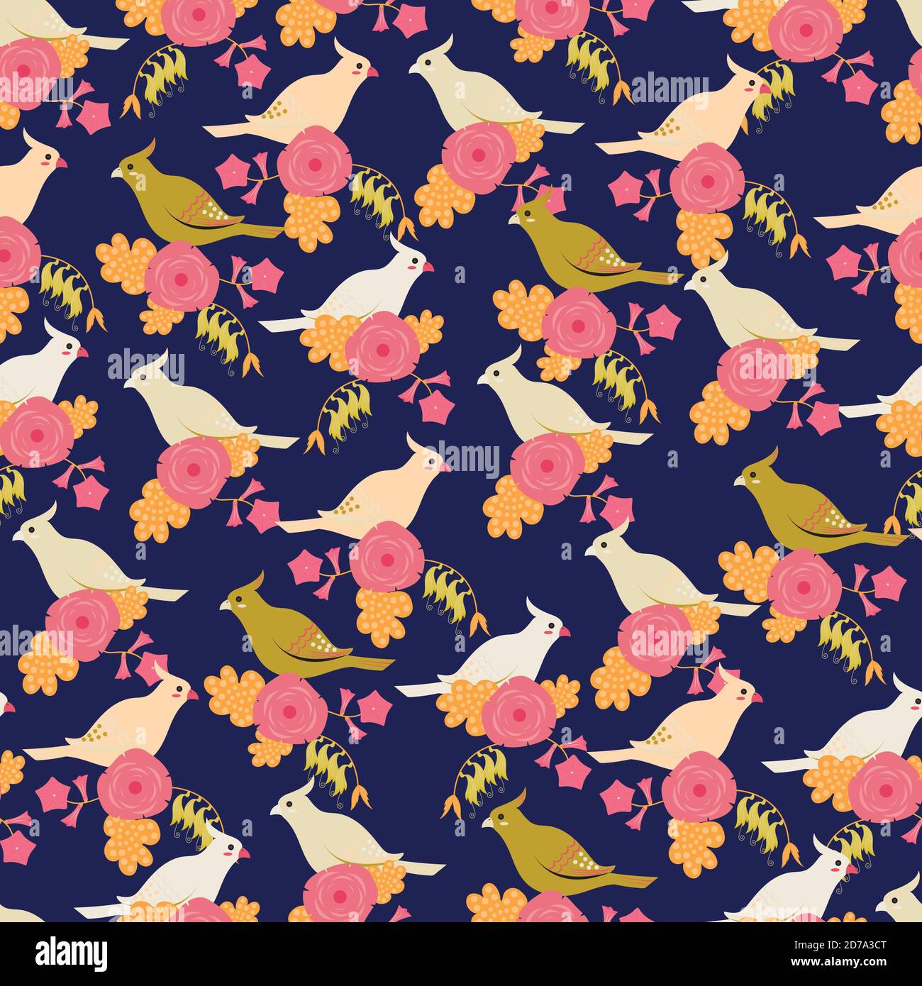 Parrots and Flowers floral seamless pattern Stock Vector