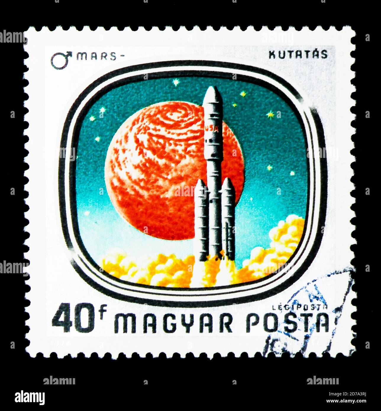 MOSCOW, RUSSIA - NOVEMBER 26, 2017: A stamp printed in Hungary shows Launch of Viking Mars Spacecraft, Space Research serie, circa 1976 Stock Photo