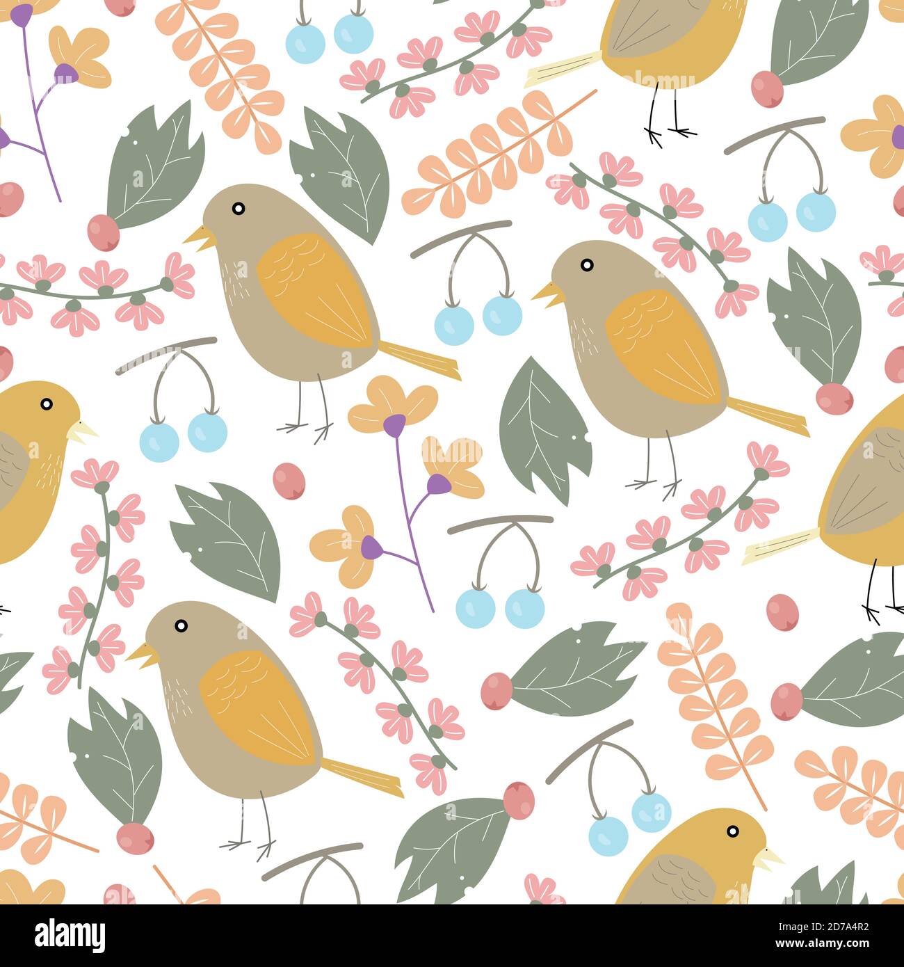 Whimsical plants, berries and birds seamless pattern design Stock Vector