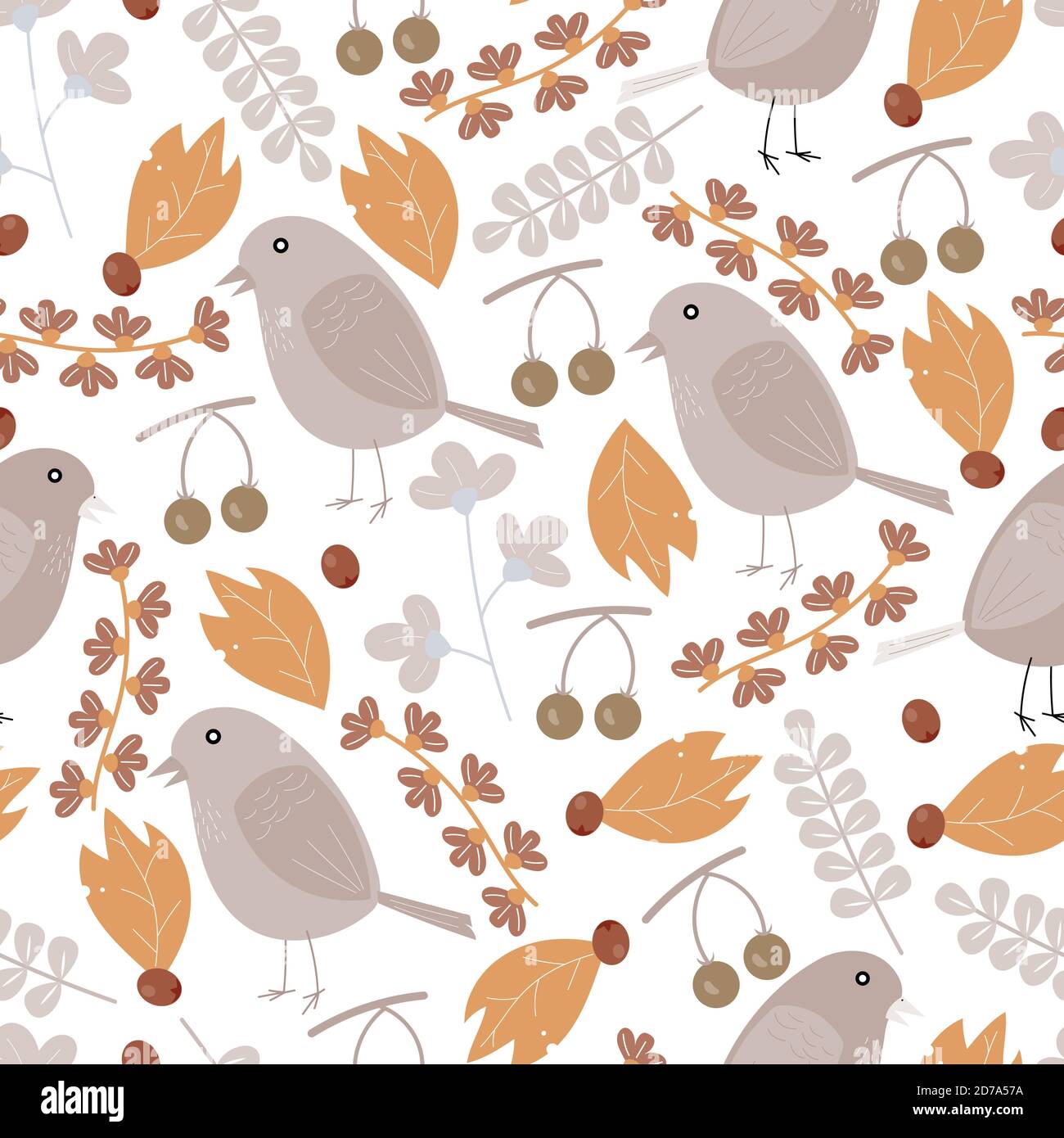 Whimsical plants, berries and birds seamless pattern design Stock Vector