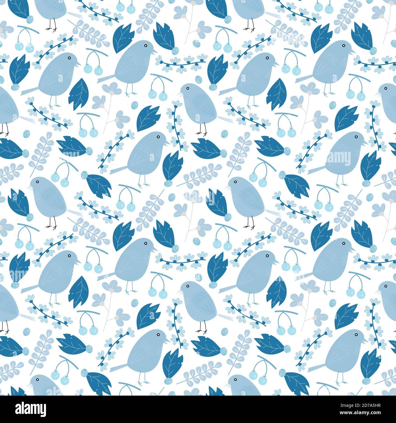 Whimsical plants, berries and birds seamless pattern design Stock Vector