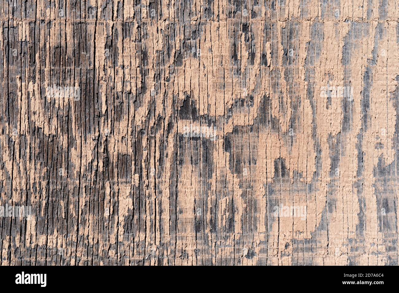 The surface of old exterior plywood with very faded beige paint showing wood and wear from weather. Stock Photo