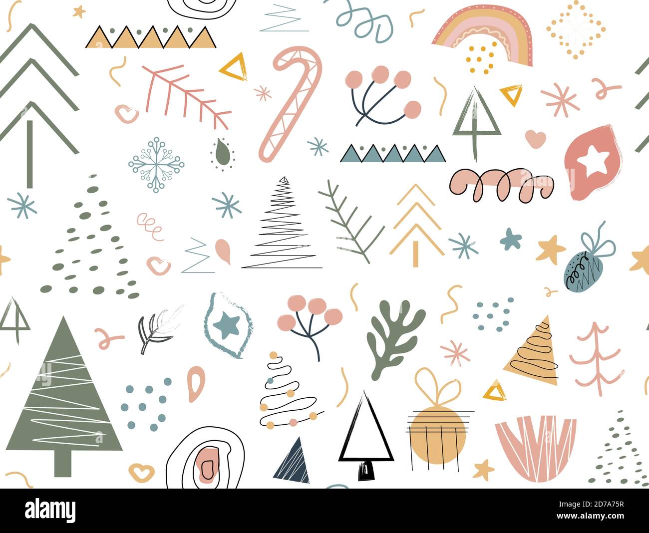 Modern abstract hand drawing Christmas doodles seamless pattern, Trendy contemporary clip art Stock Vector