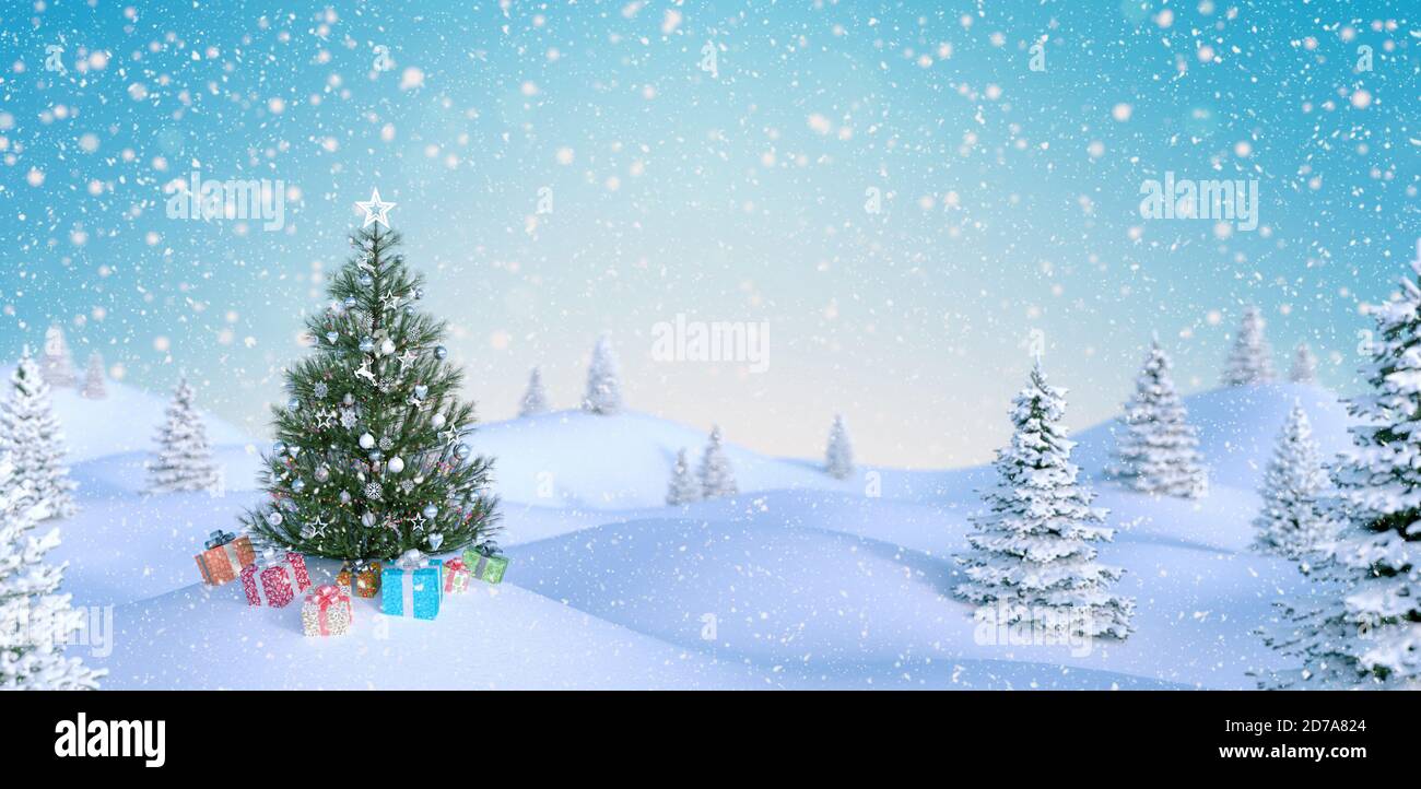 Decorated Christmas tree and gifts outdoors falling snow 3d render 3d illustration Stock Photo