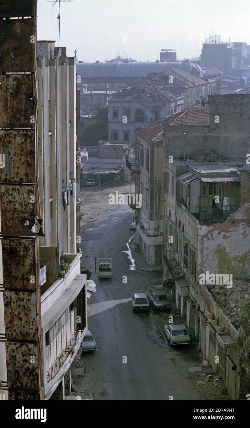 18th September 1993 Damaged buildings line a street, running off Martyrs' Square in Beirut. Stock Photo