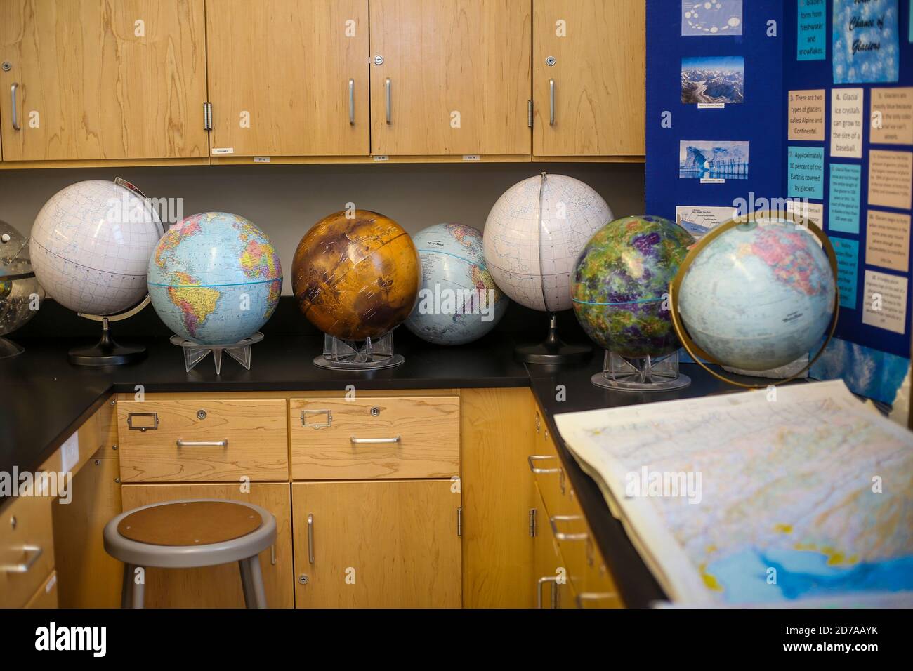 Globes in a classroom Stock Photo