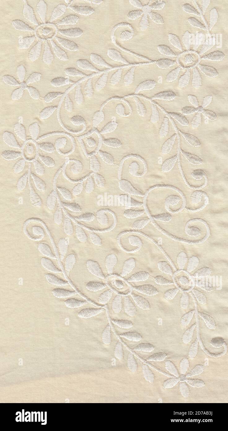 Flowers embroidered on slightly translucent ecru cotton fabric Stock