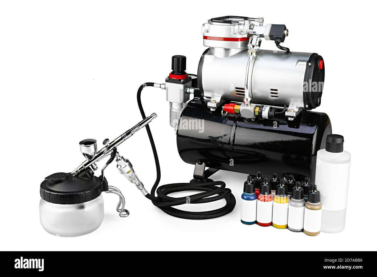 professional airbrush compressor starter set equipment with chrome metal  gun acrylic paint and thinner bottles isolated on white background.  Industry Stock Photo - Alamy