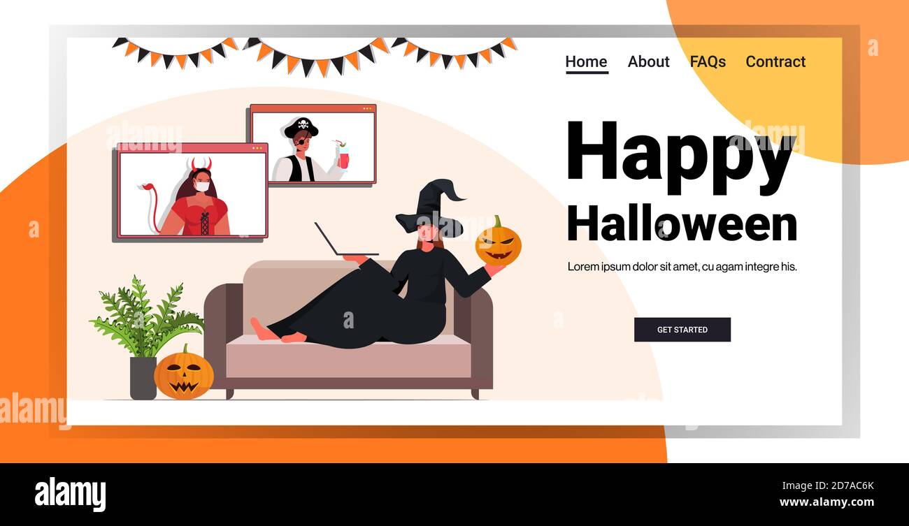 happy halloween holiday celebration woman in witch costume discussing with friends during video call online communication self isolation copy space horizontal vector illustration Stock Vector
