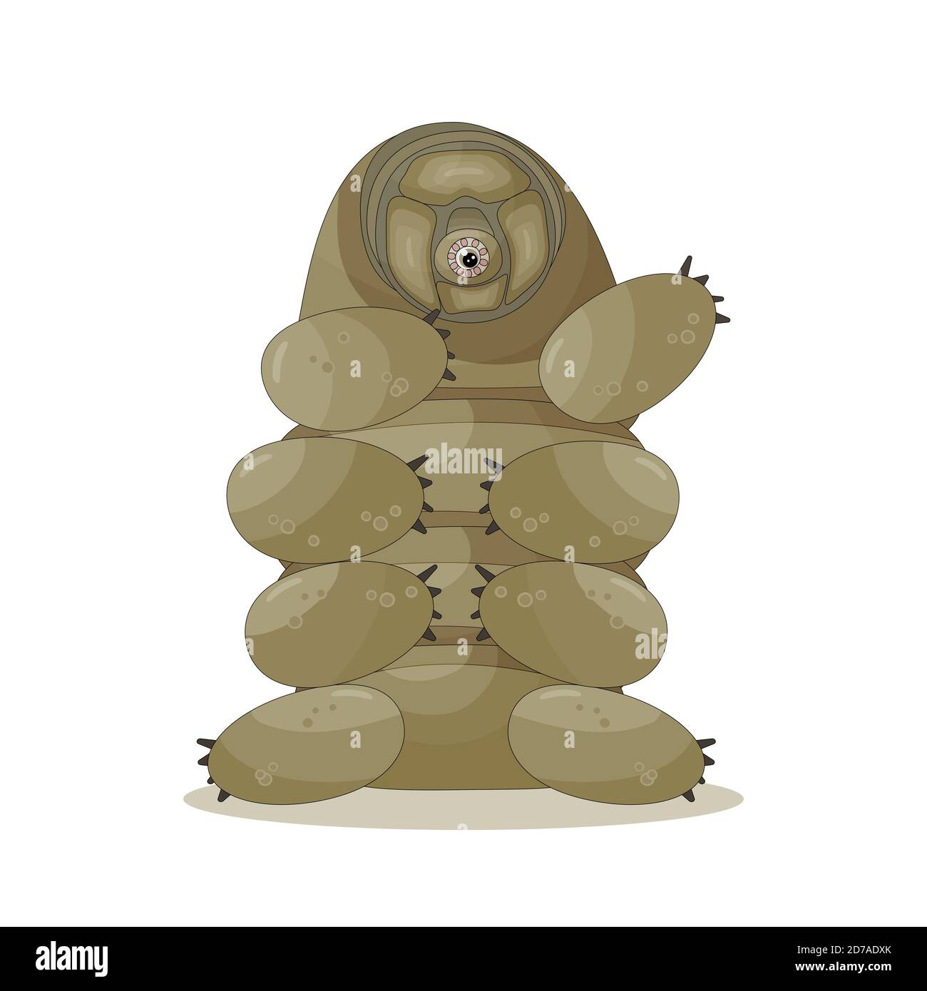 Brown isolated happy quirki cute cartoon vector tardigrade is sitting on white background and hand is up Stock Vector