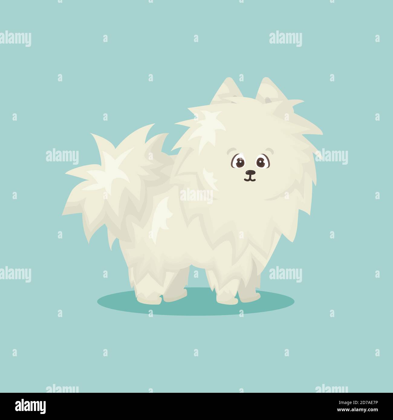 White fluffy cute cartoon happy isolated vector flat dog on blue or green background Stock Vector