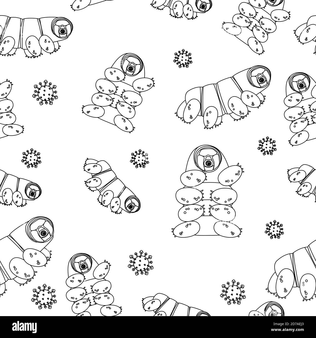 White with black border cute happy Tardigrade, water bears or moss piglets vector repeat seamless pattern on white background Stock Vector