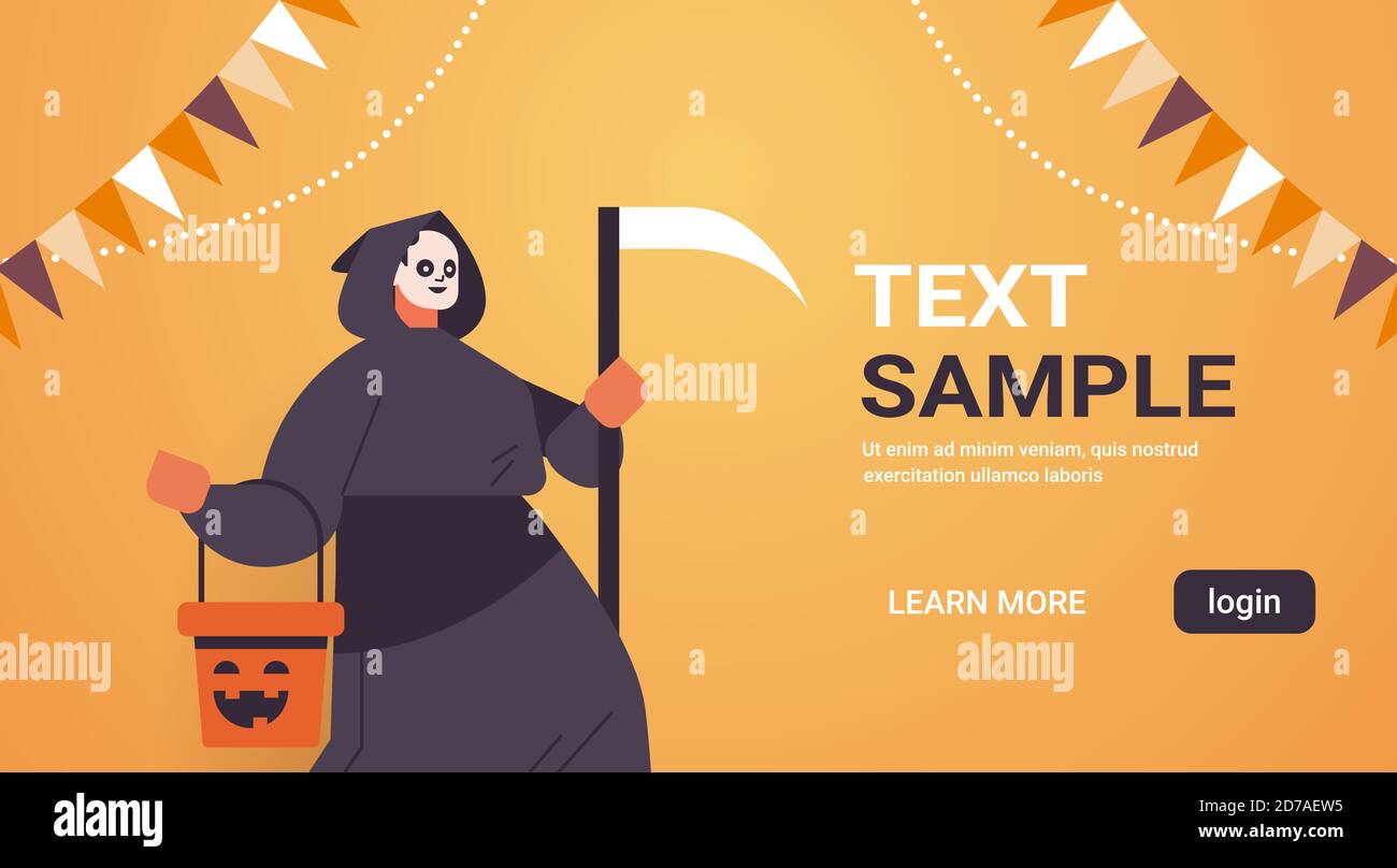 man in grim reaper costume happy halloween holiday celebration concept portrait horizontal copy space vector illustration Stock Vector