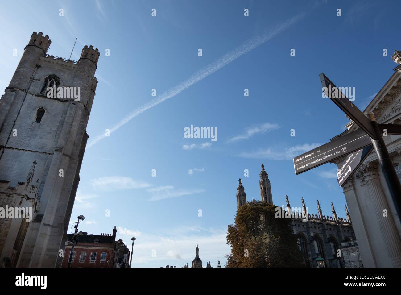 Signpost showing directions of sights Cambridge showing Great St Marys church and Kings College Chapel Cambridge England Stock Photo