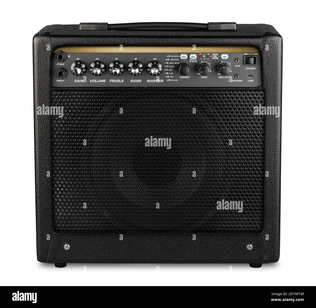 black modern electric guitar amp modelling amplifier isolated on white background rock heavy metal studio instrument concept Stock Photo