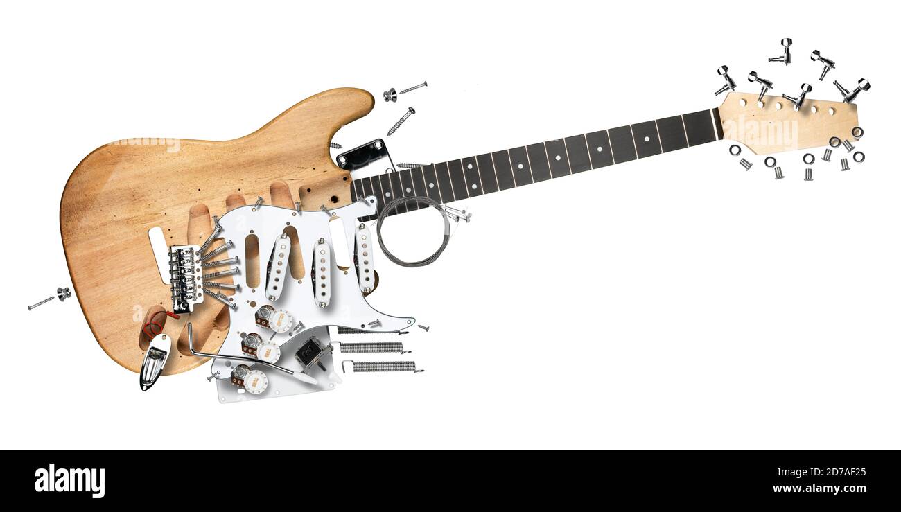 exploded view of electric guitar with all parts and components wooden body wood neck and electronics single coil pickguard pickup isolated on white ba Stock Photo