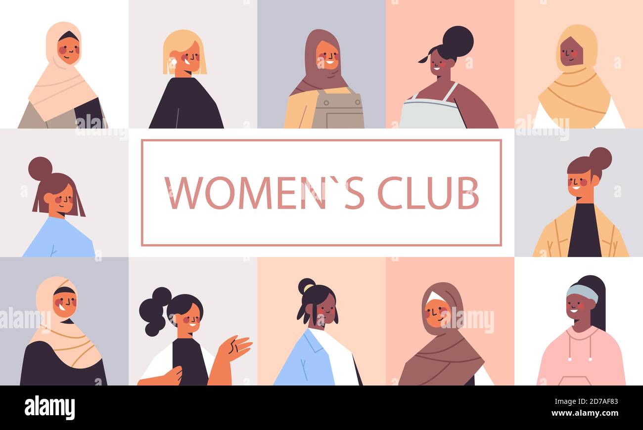 set mix race girls avatars women's club union of feminists concept portraits collection horizontal vector illustration Stock Vector