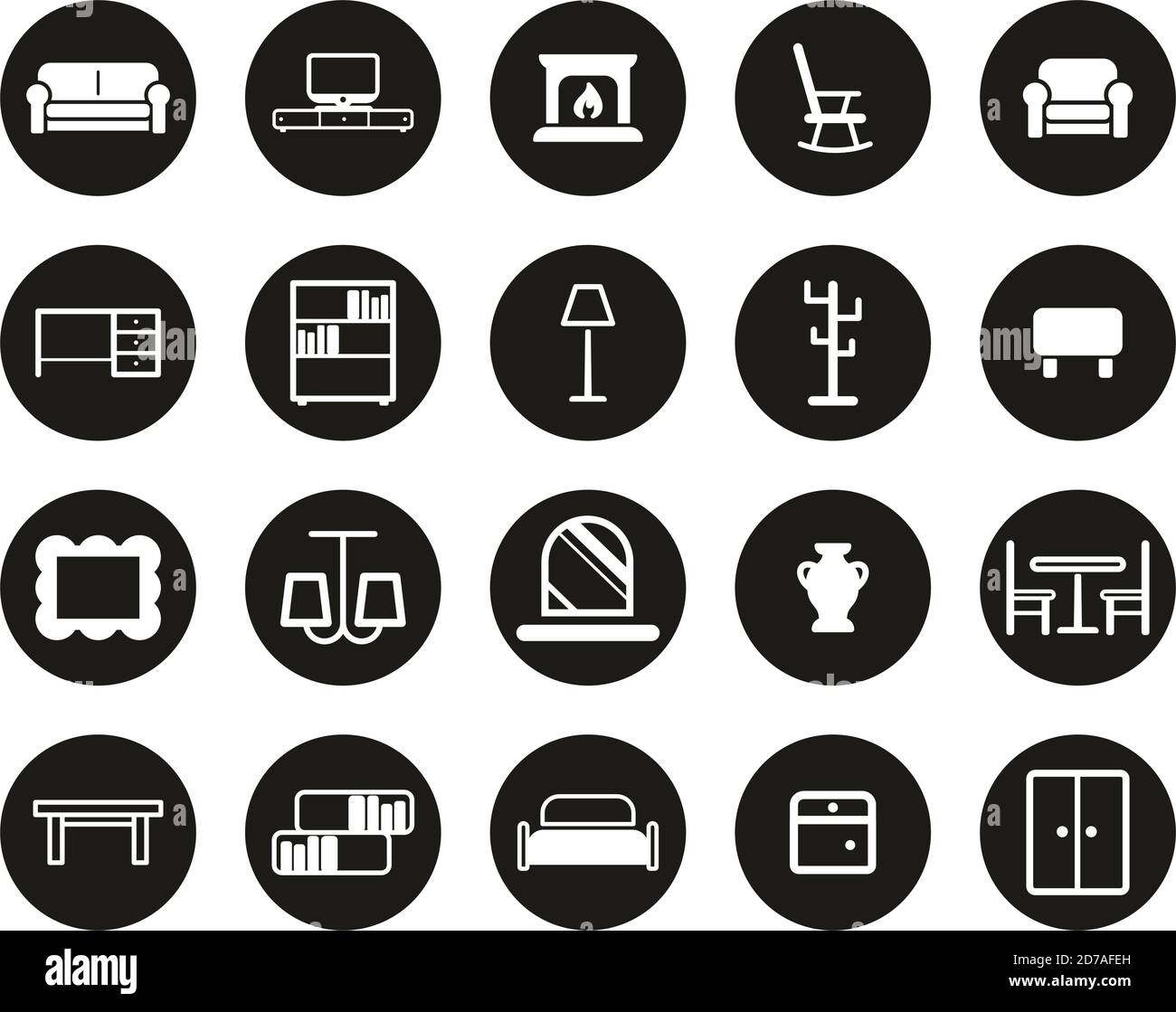 Furniture Icons White On Black Flat Design Circle Set Big Stock Vector ...