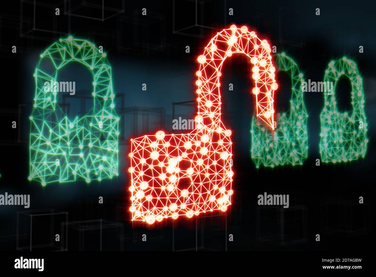 Computer security concept. Padlocks symbolizing data protection in the network and personal computers. Mixed media. Stock Photo